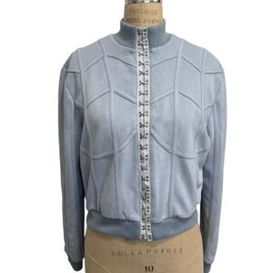 House of CB Faux Suede Bomber Jacket Size L Rafal Light Blue Hook Closure Front
